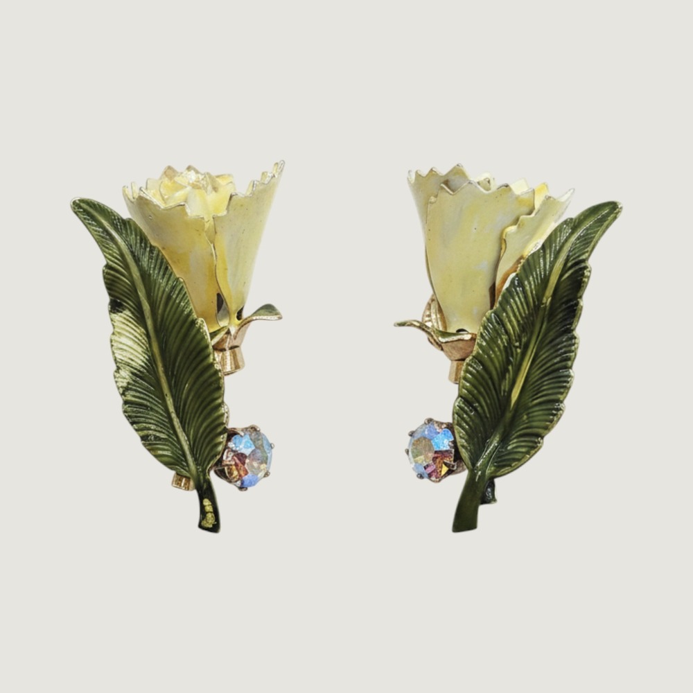 Vintage Coro Yellow Enamel Flower AB Rhinestone Clip On Earrings Cottagecore